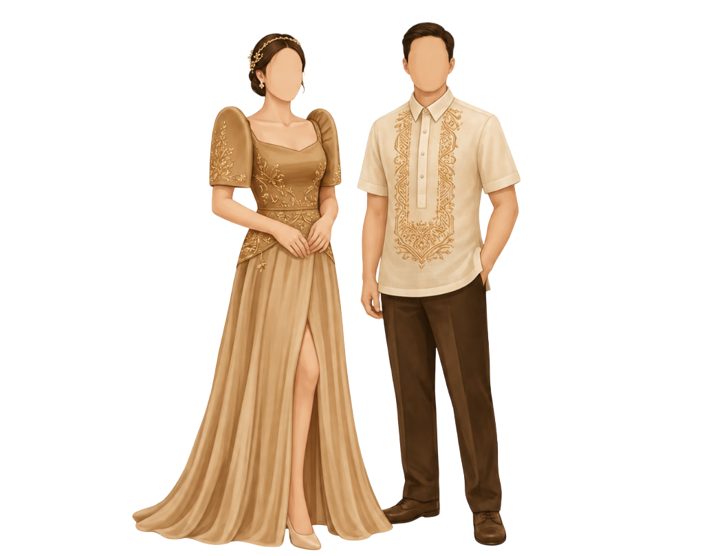 Illustration of a woman in a gold Filipiniana gown and a man in a beige barong with dark brown pants
