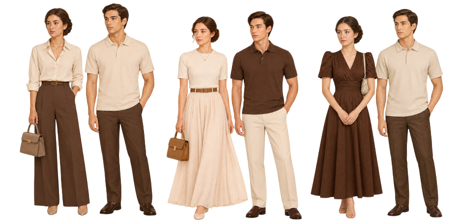 Illustration of guests in Filipino-inspired outfits in brown, tan, and beige