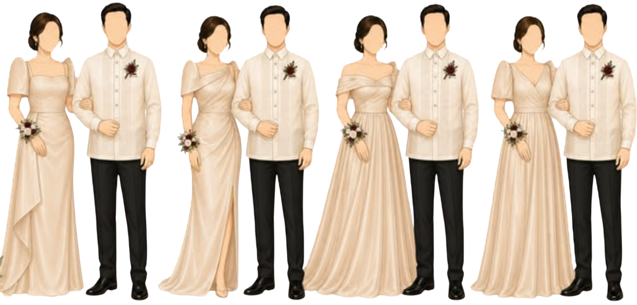 Illustration of ninangs in beige Filipiniana gowns and ninongs in beige barong with black pants